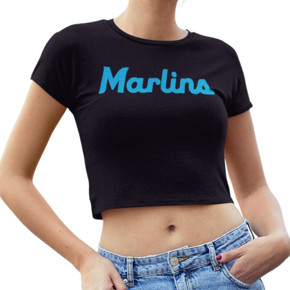 NEW Miami Marlins Script Team Color Pop Form Fit Crop Top Shirt BLACK